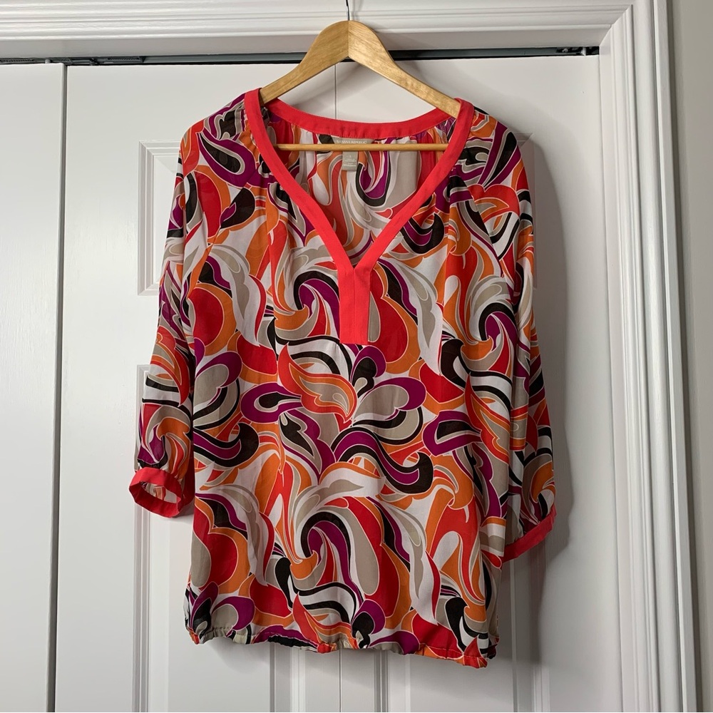 Banana Republic Colorful Swirl Sheer 3/4 Sleeve Blouse Size US L